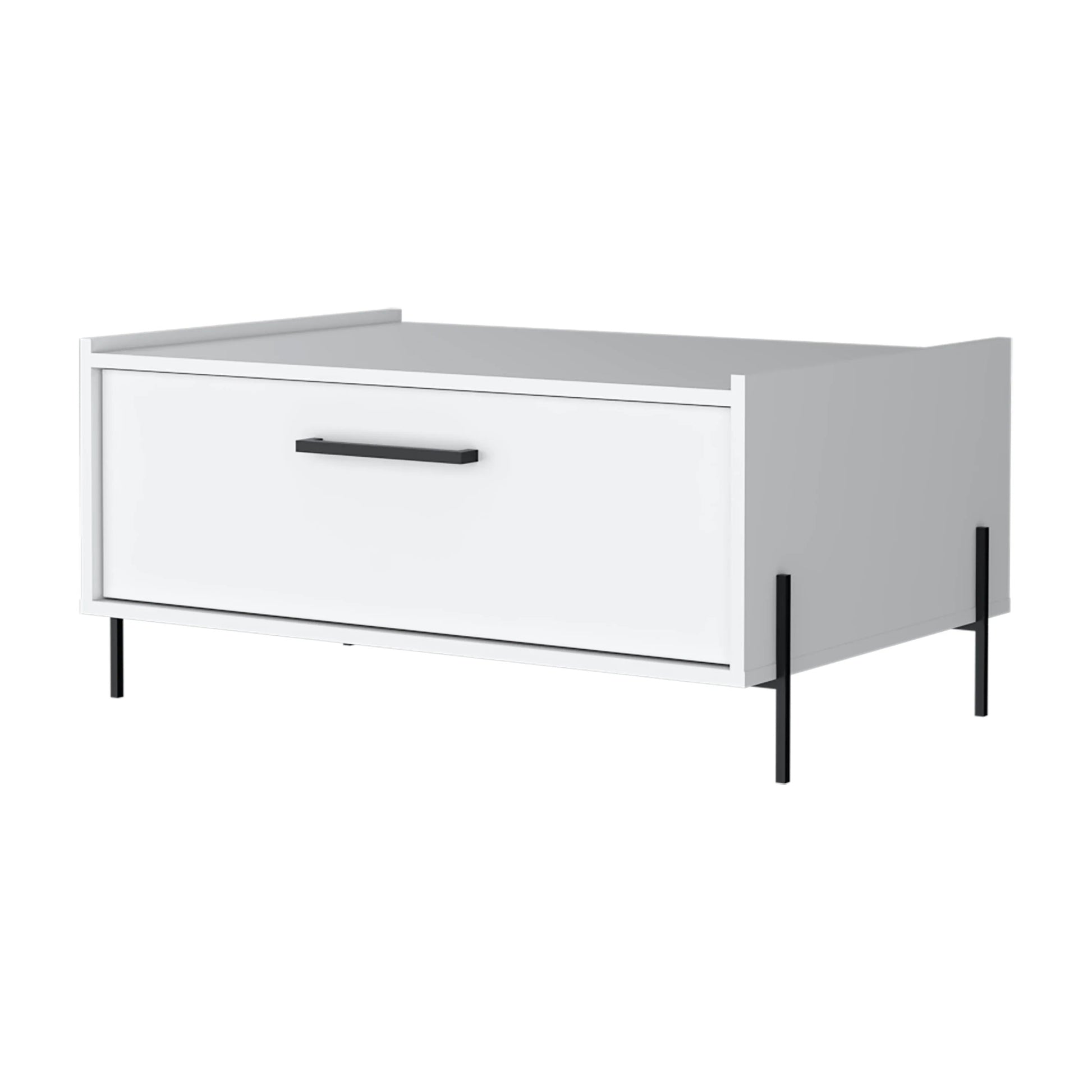 White modern storage cabinet with one drawer and black metal legs