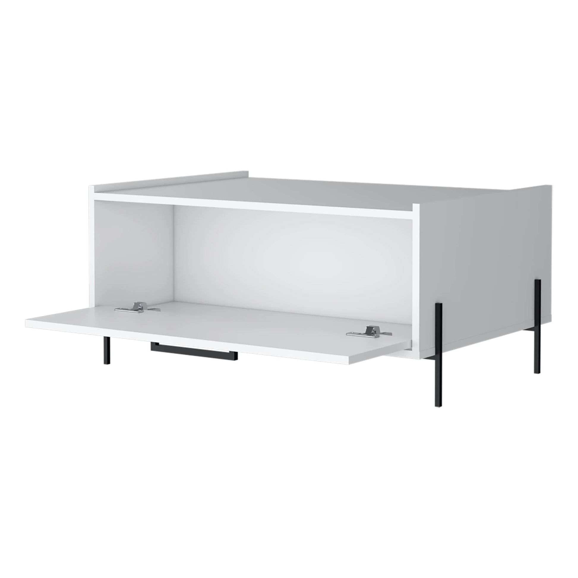 Modern white media cabinet with open door and black metal legs
