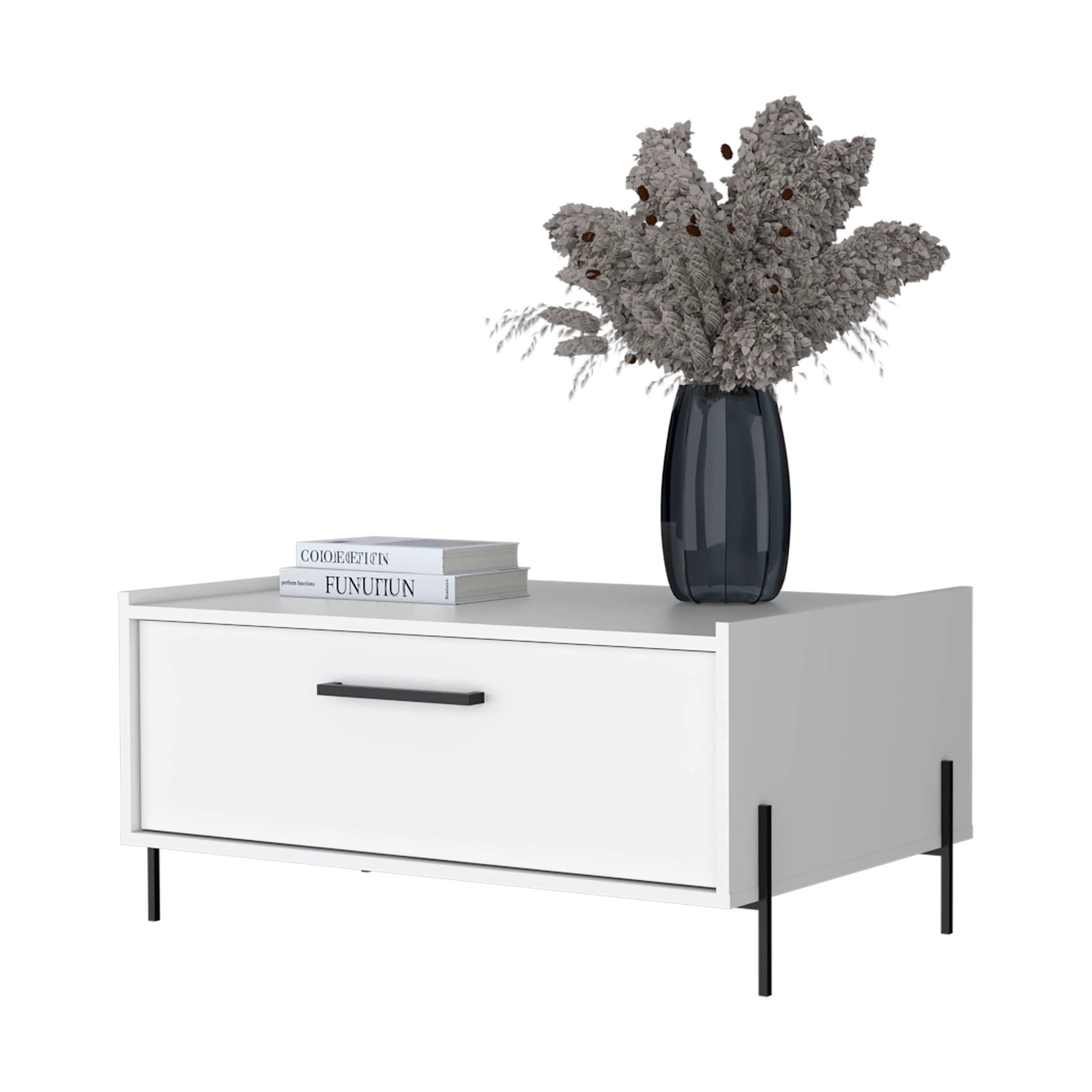 White modern nightstand with black drawer handle and minimalist legs