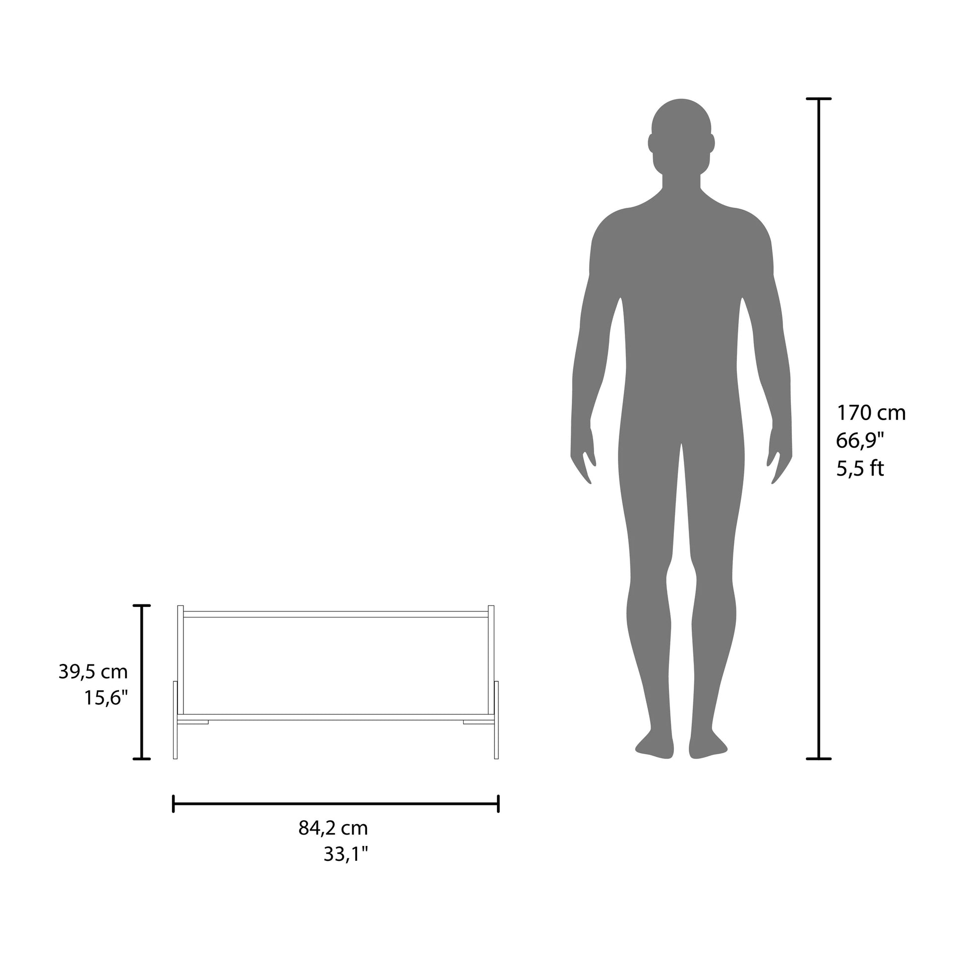 Minimalist bench dimensions shown with a human silhouette for scale