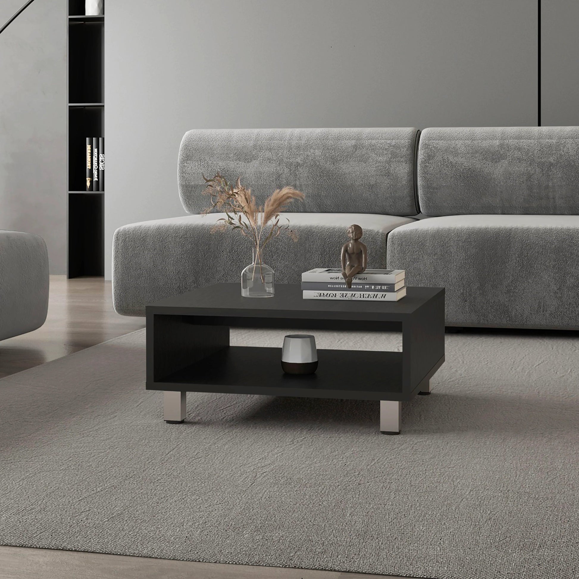 Sleek modern black coffee table with open shelf and silver legs