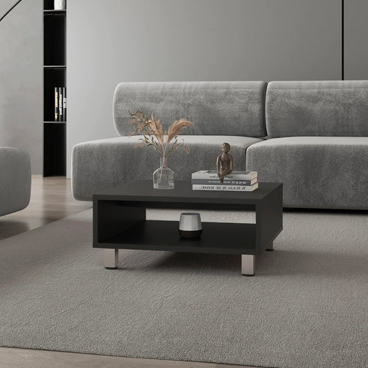 Sleek modern black coffee table with open shelf and silver legs