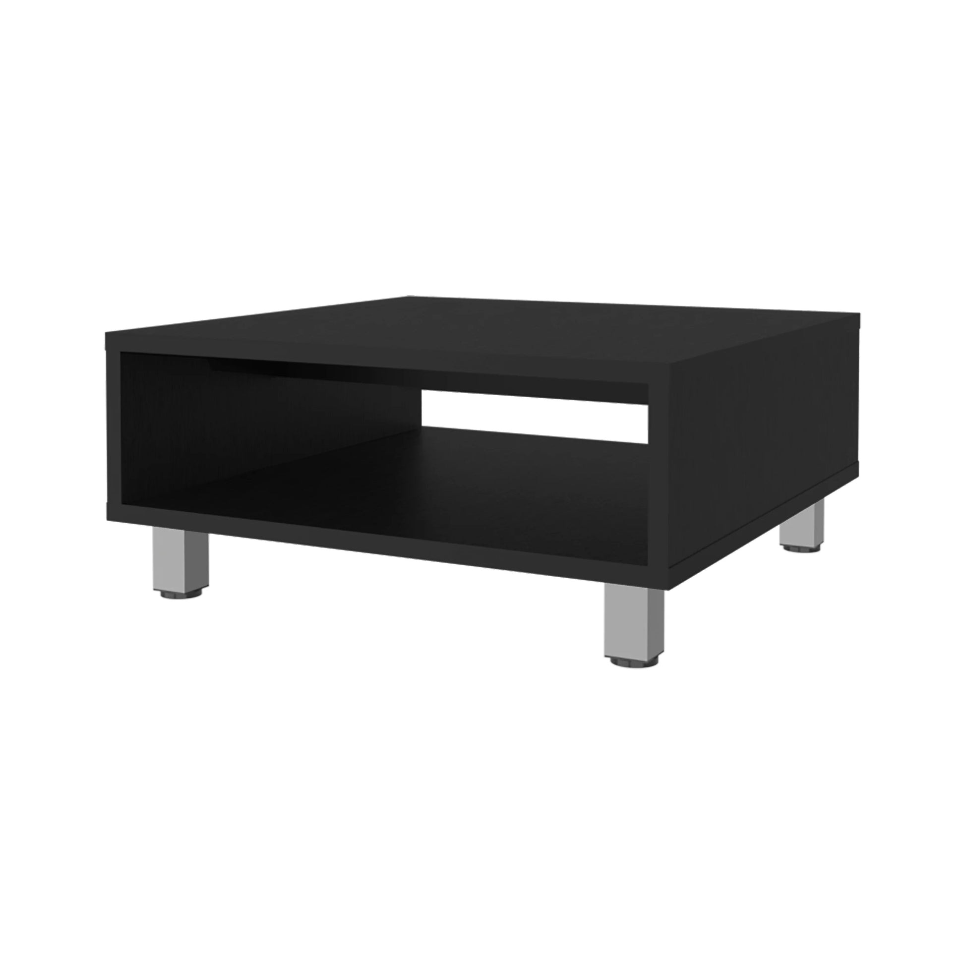 Black modern coffee table with open shelf and silver metal legs