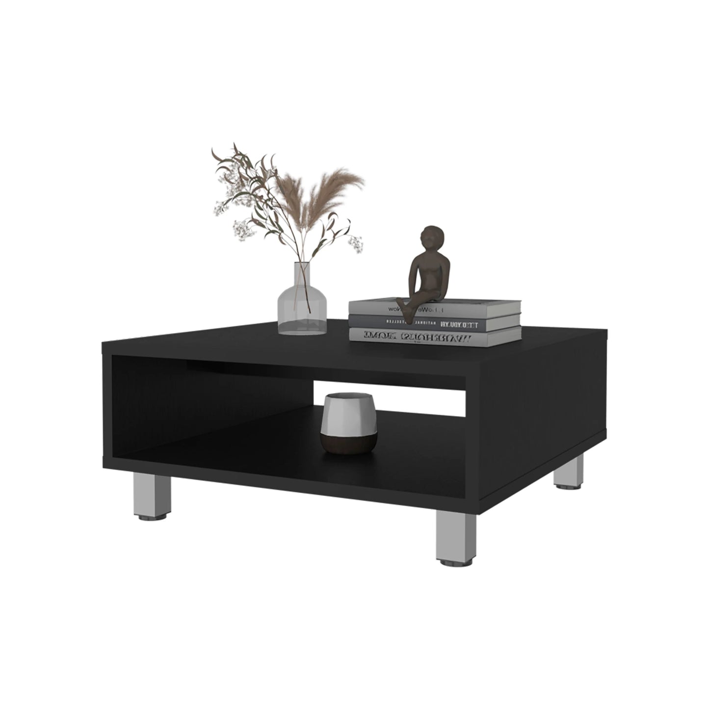 Modern black coffee table with open shelf and silver legs