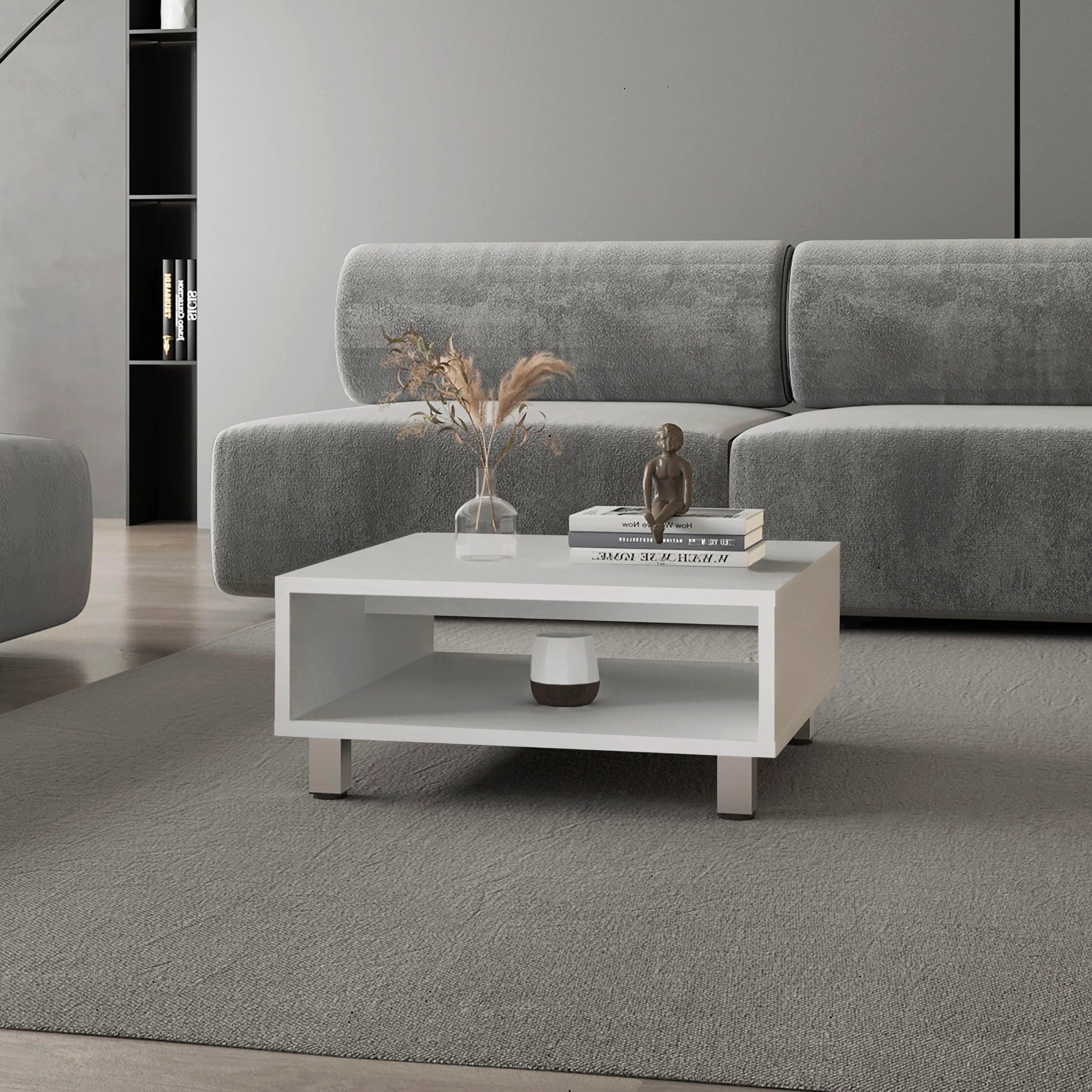 Modern white low coffee table with open shelf