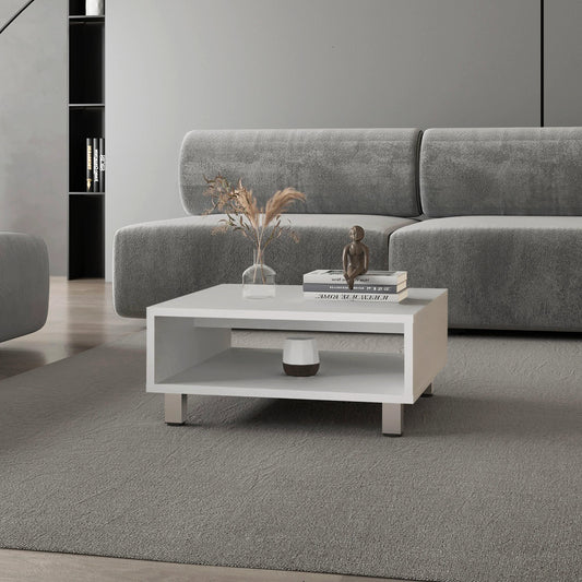 Modern white low coffee table with open shelf