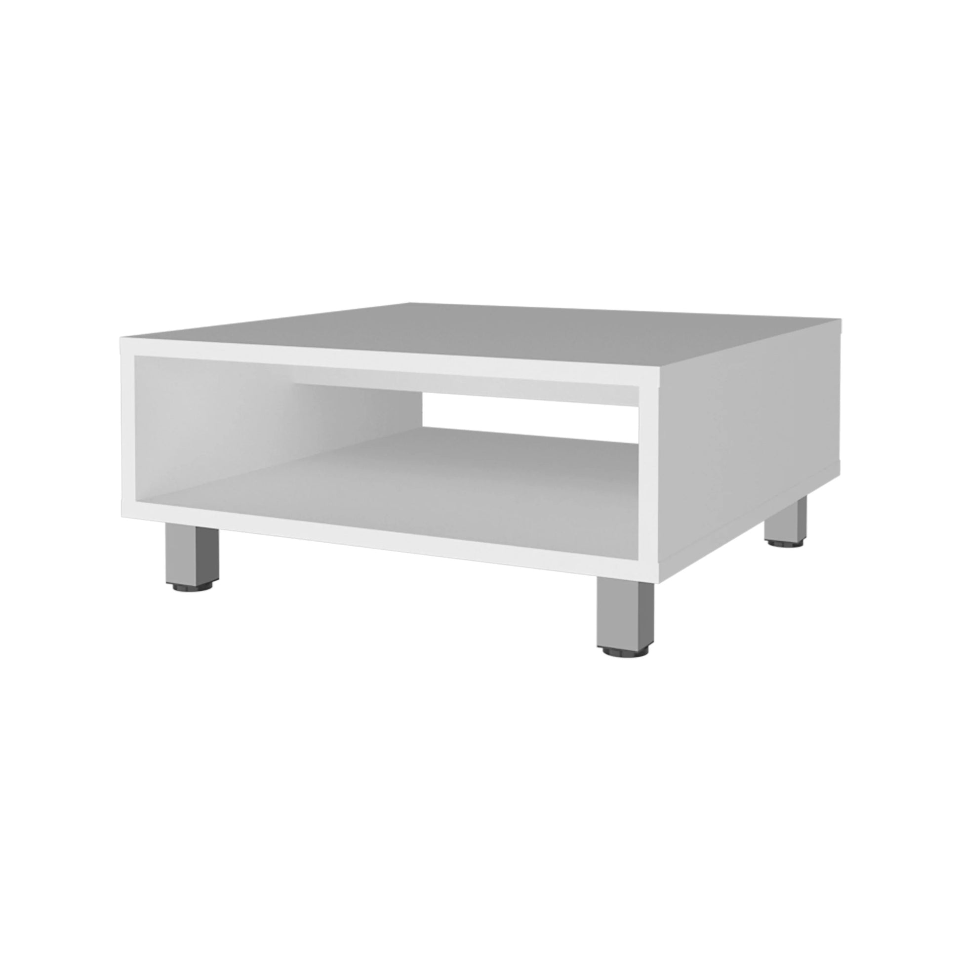 Modern white coffee table with open shelf and silver legs