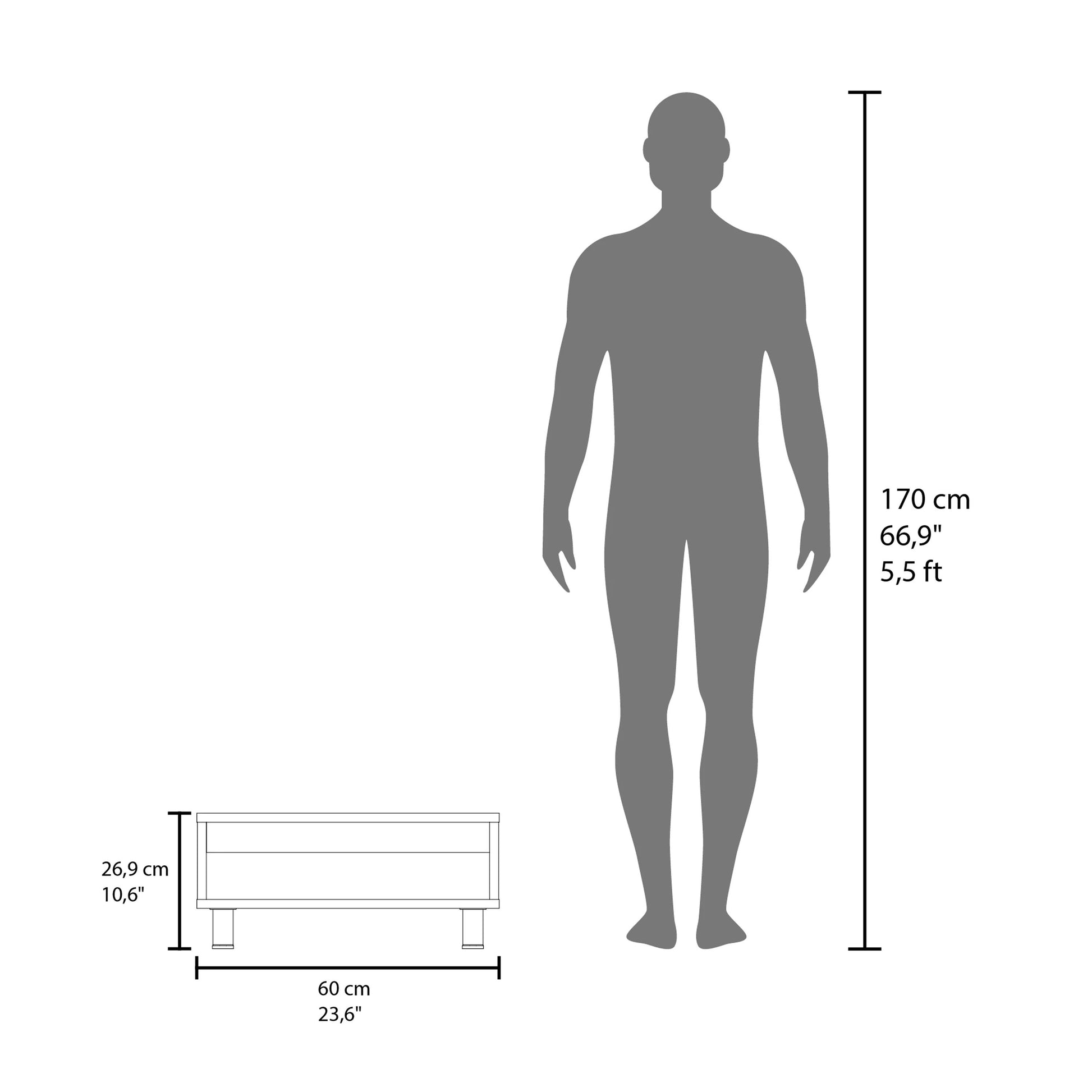 Illustration showing a grey silhouette of a person  cm tall next to a white chest of drawers  cm wide