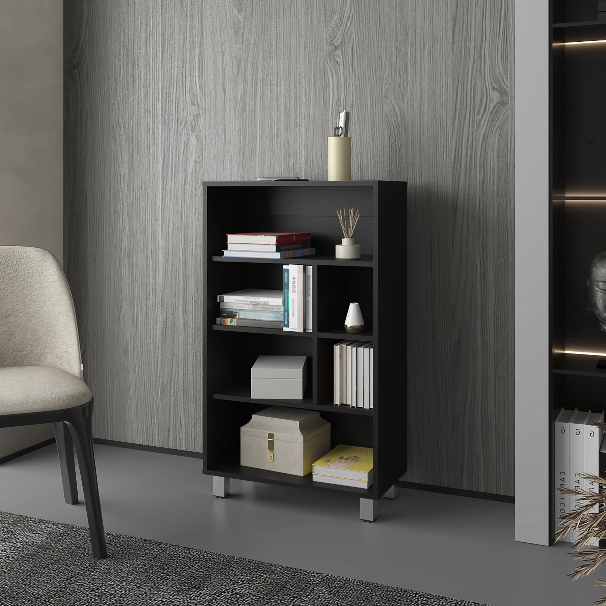 Black fiveshelf modern bookshelf with brushed metal legs
