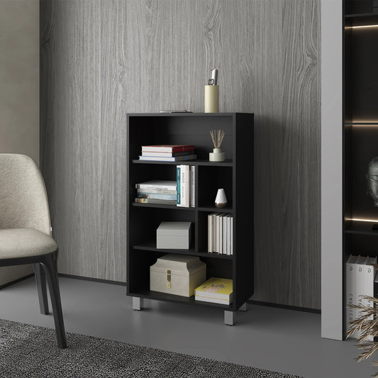 Black fiveshelf modern bookshelf with brushed metal legs