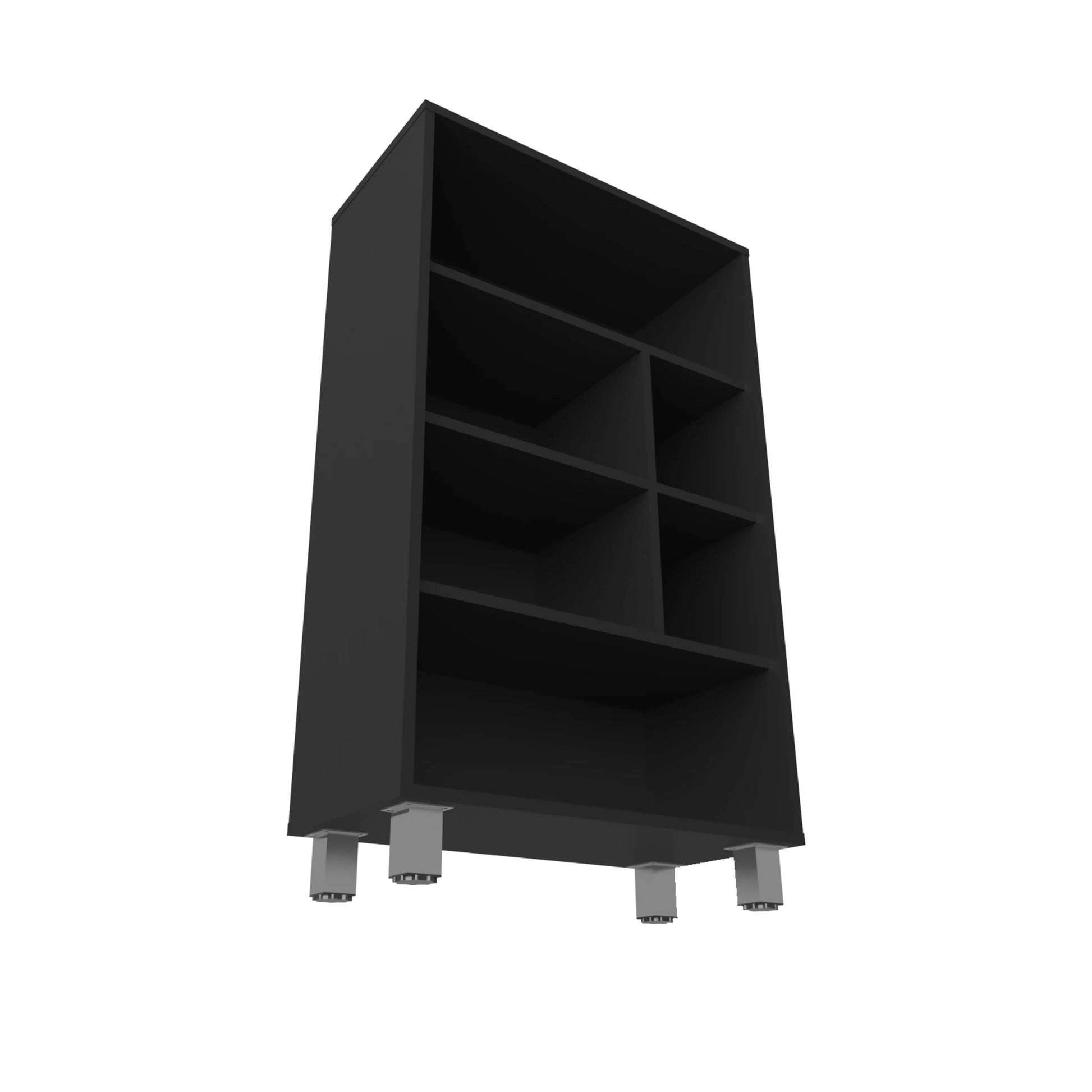 Black modular shelving unit with multiple compartments and adjustable silver feet