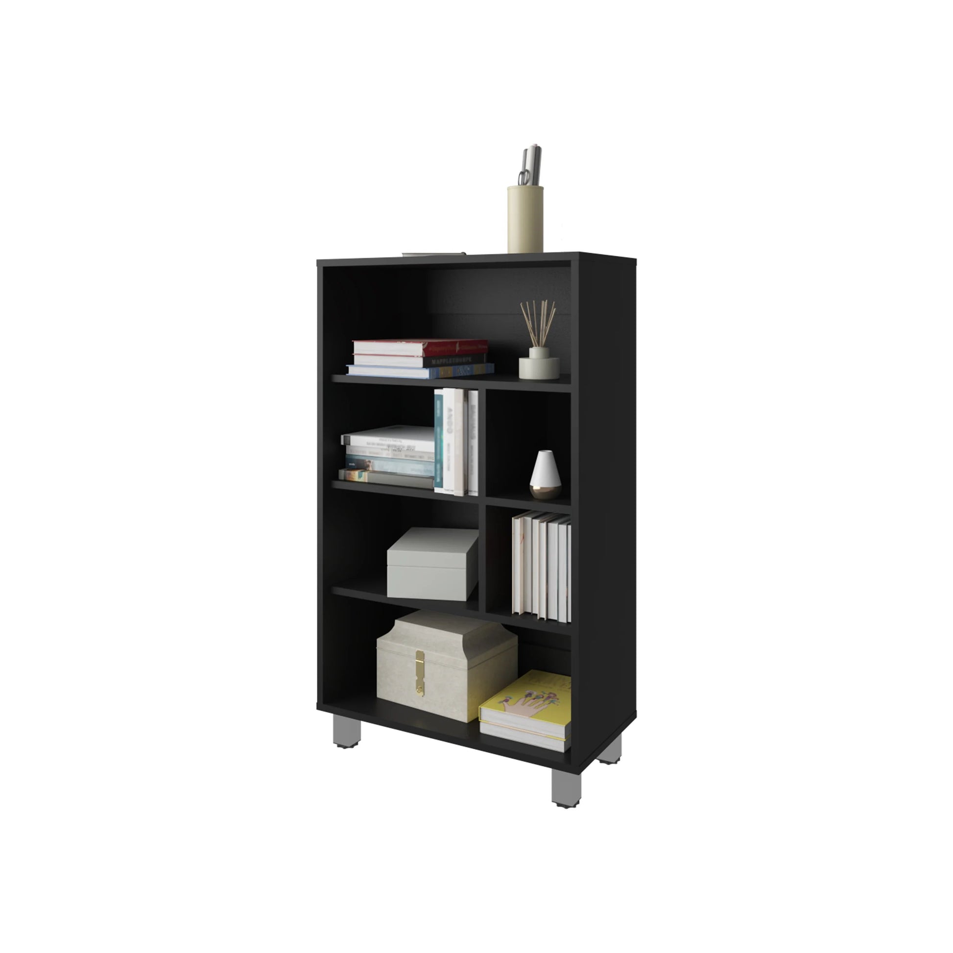 Modern black bookshelf with multiple open compartments