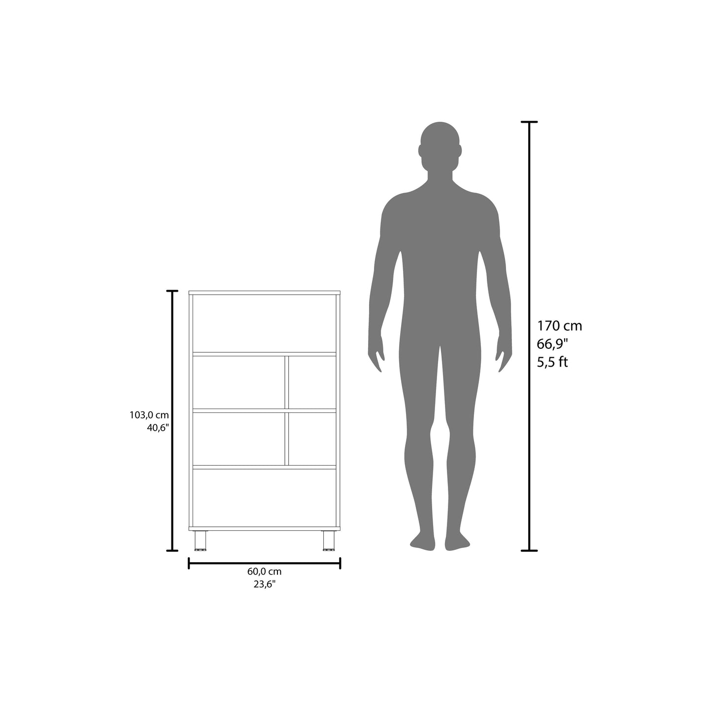 Modern white bookshelf dimensions shown against a human silhouette for scale