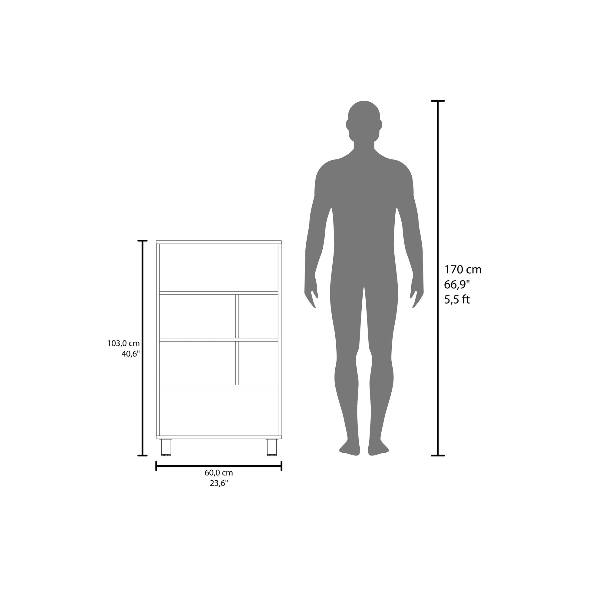 Modern white bookshelf dimensions shown against a human silhouette for scale