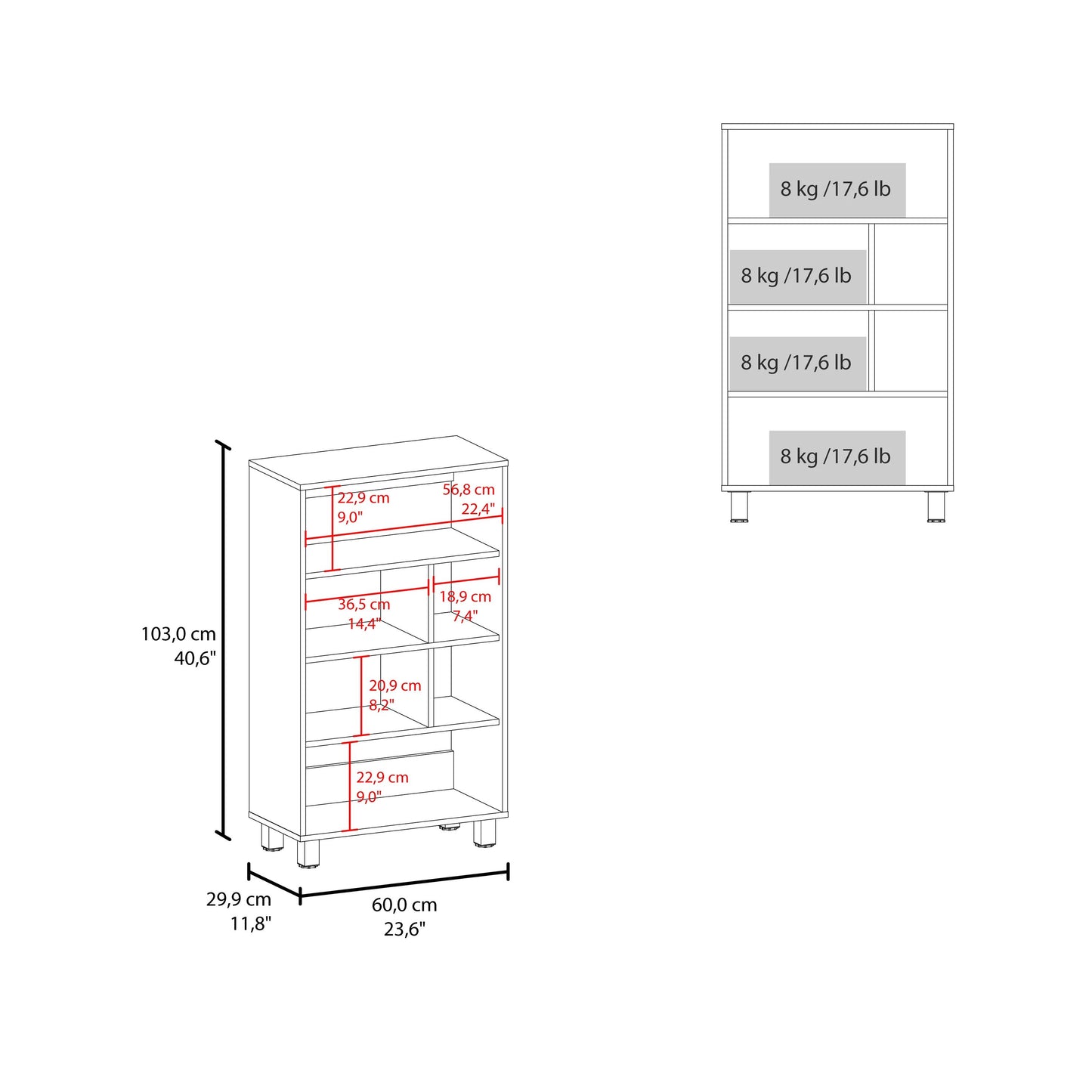 Blueprint of a narrow shelving unit showing dimensions Primary keyword shelving unit