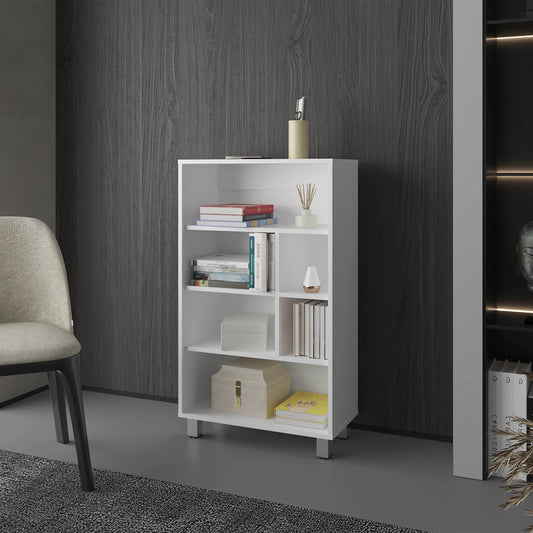 White modern bookshelf with open shelves holding books and decorative items