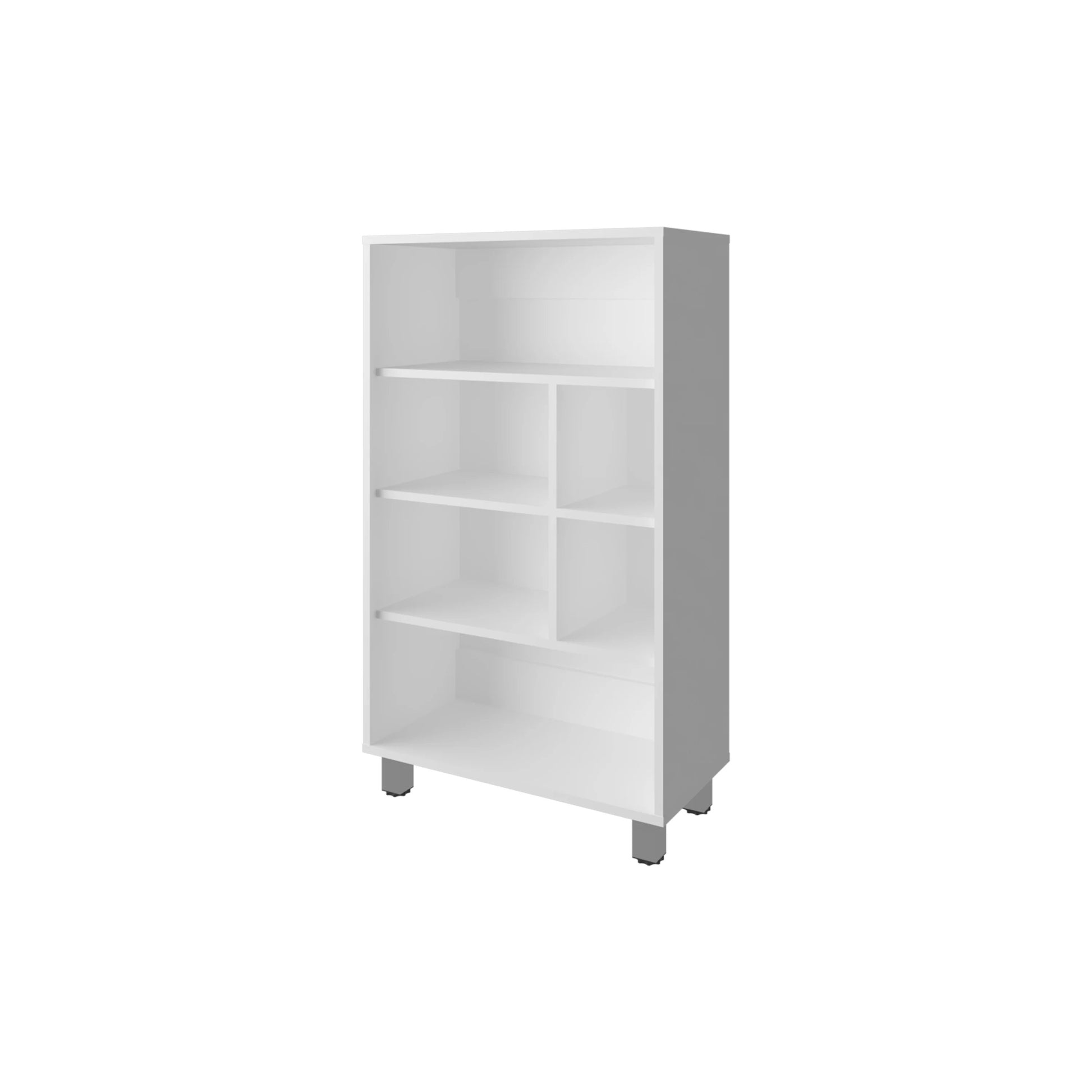White minimalist bookshelf with four shelves and silver feet