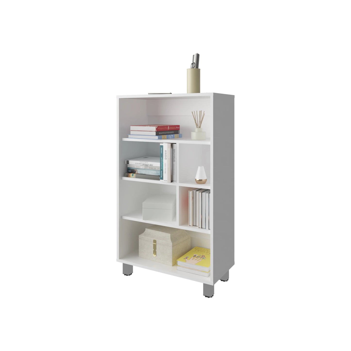 Modern white bookcase with open shelves for displaying books and decor