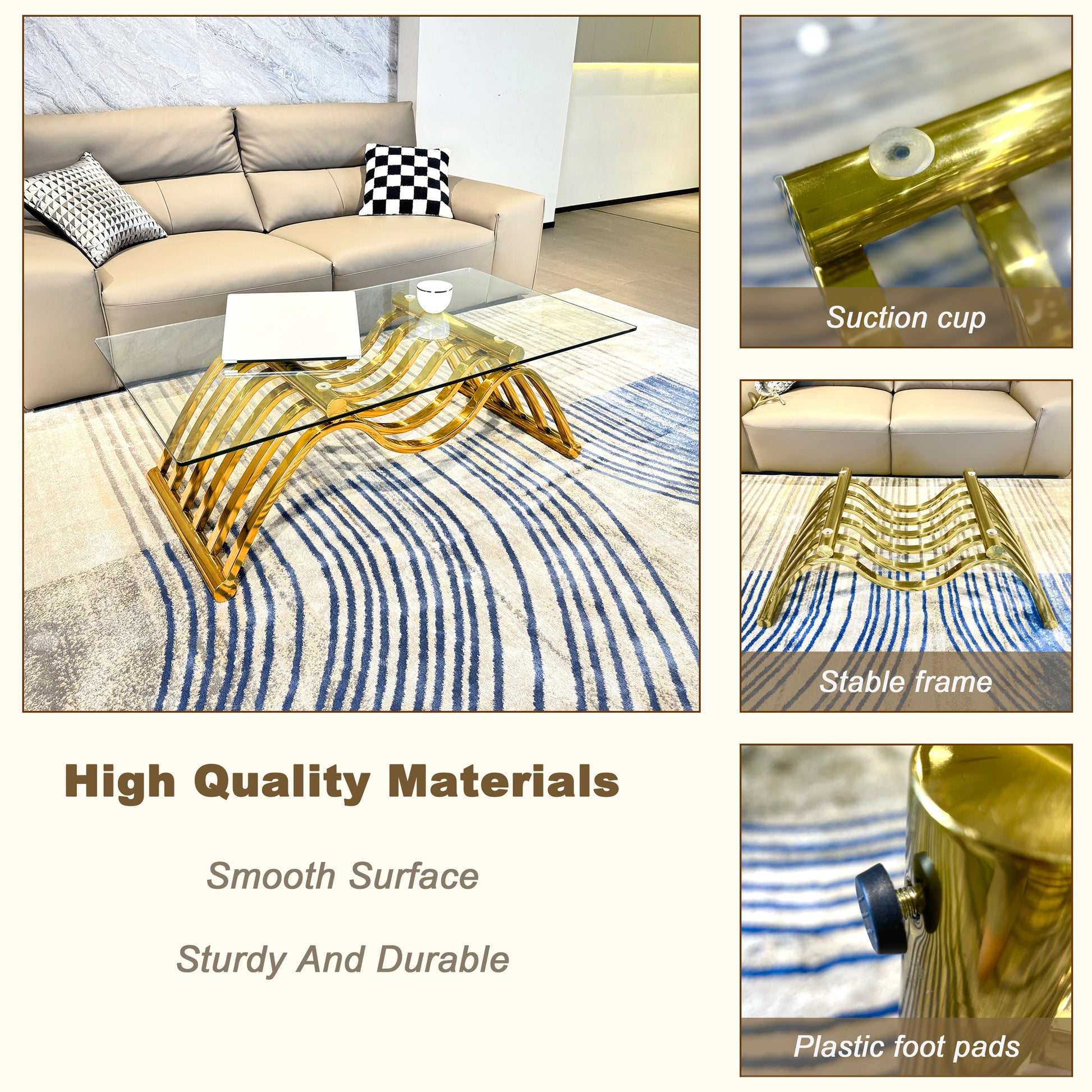 Gold metal wave coffee table with glass top and suction cup detail