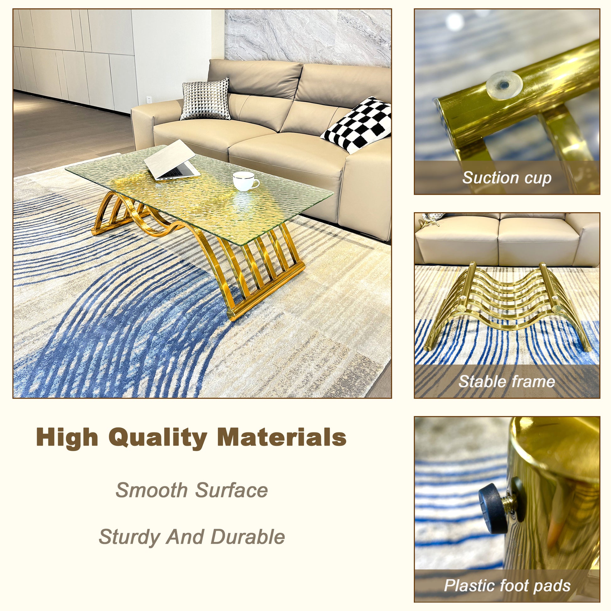 Gold metal frame glass coffee table with wavy texture