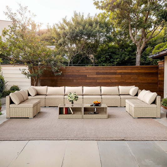 Beige wicker sectional sofa with plush cushions arranged in a patio setting