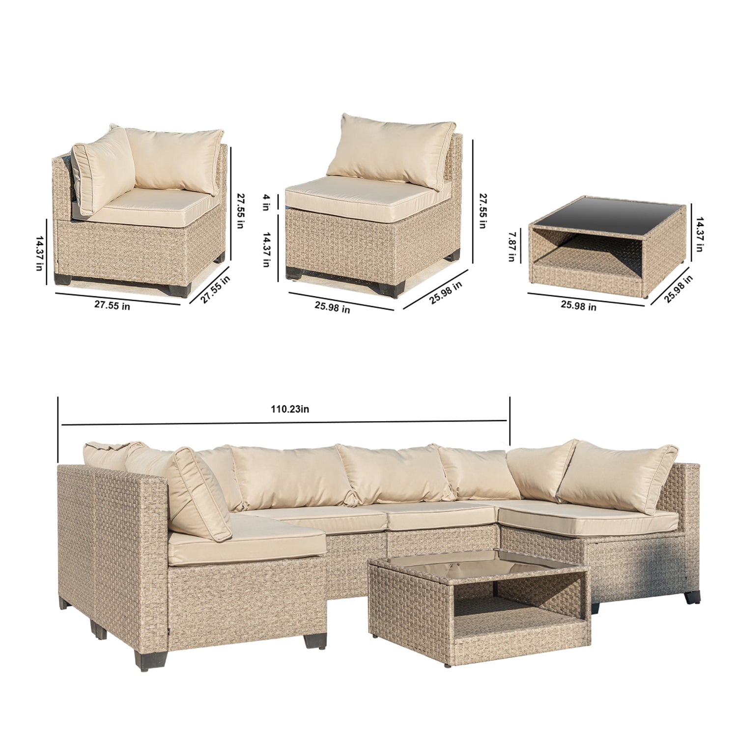 Wicker sectional outdoor sofa set in beige with cream cushions