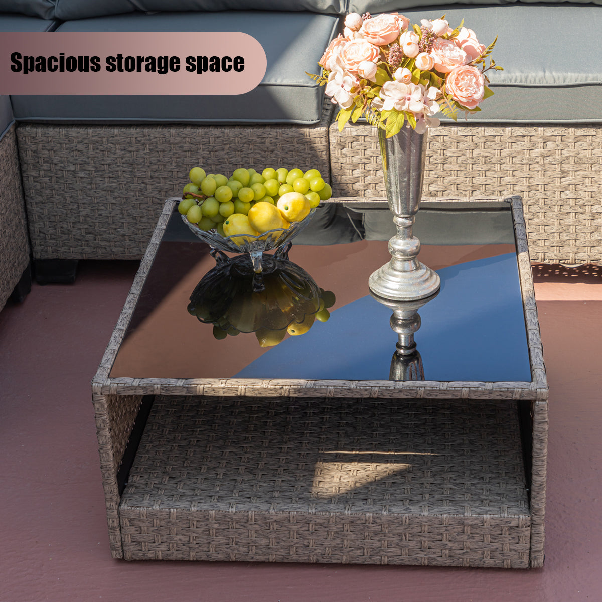 Wicker patio coffee table with glass top and open storage shelf