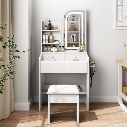 Modern white vanity desk with LED mirror and storage shelves