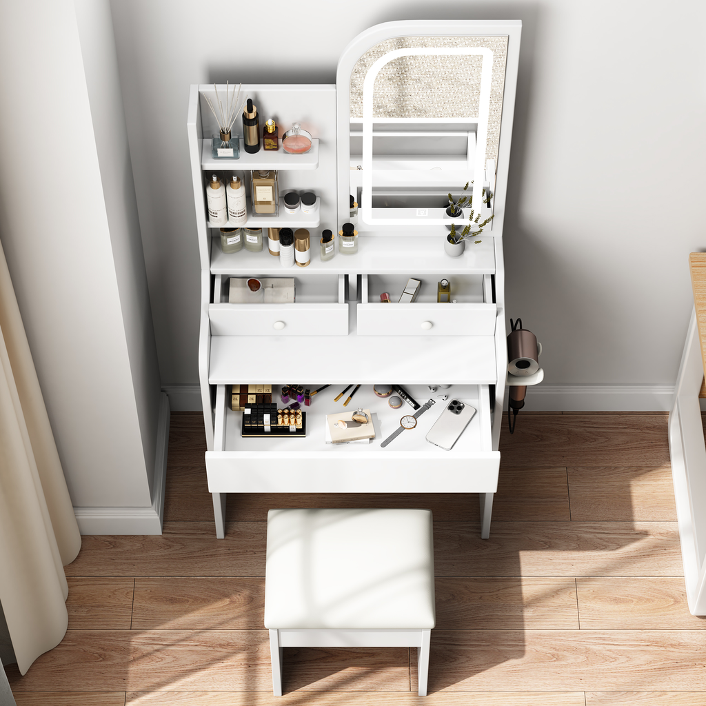 White modern dressing table with mirror and stool