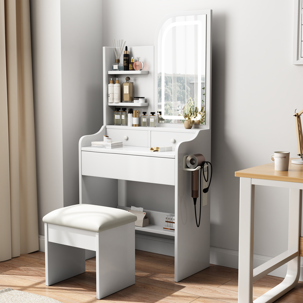 White vanity with lighted mirror and storage