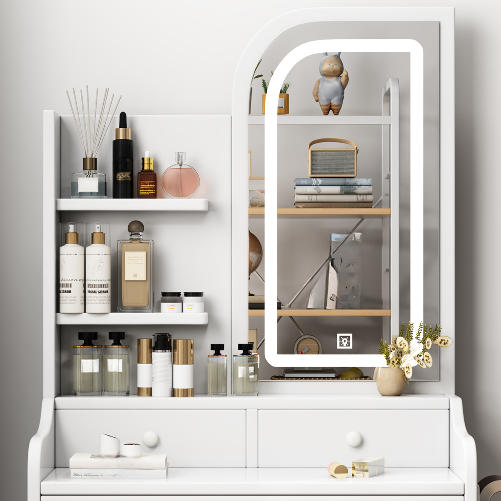 White vanity with makeup and skincare products
