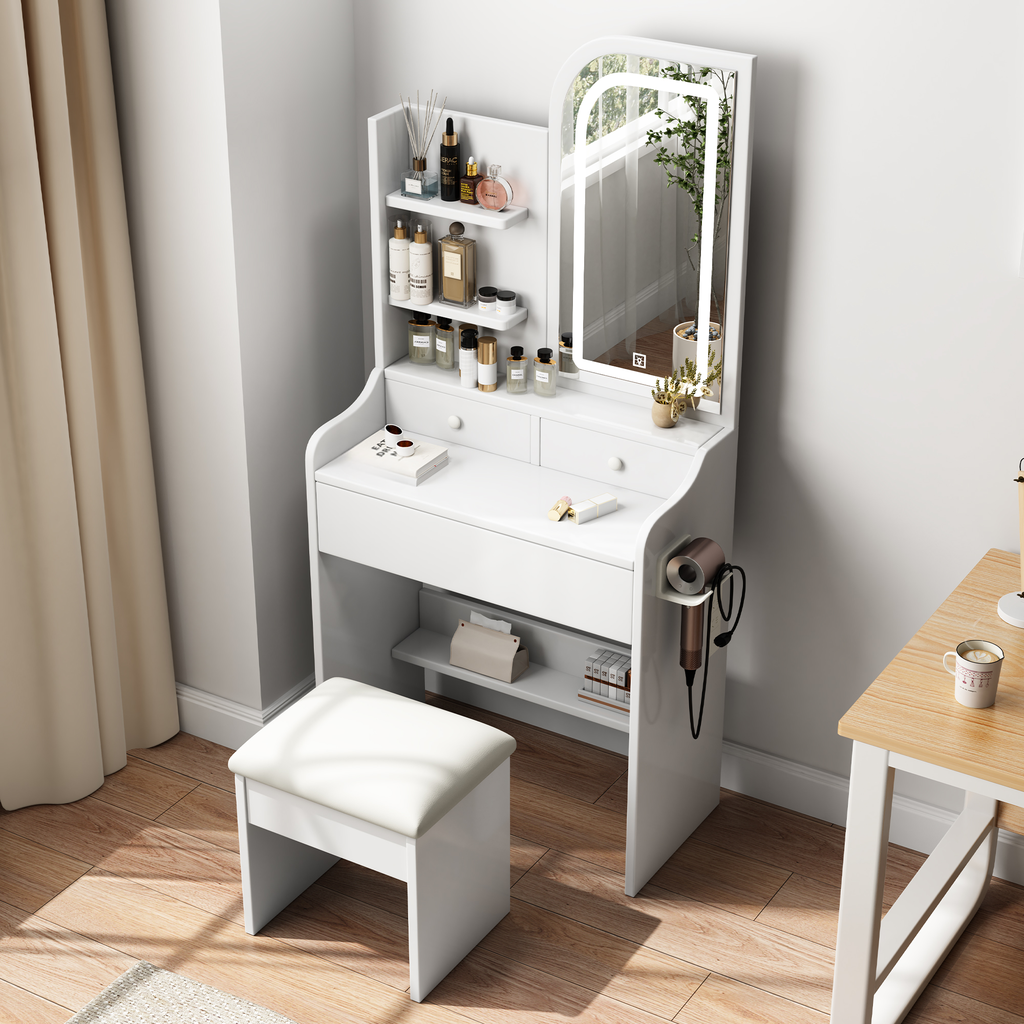 White vanity table with arched illuminated mirror and stool