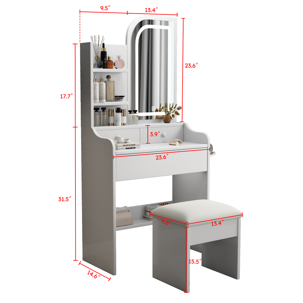 White vanity table with LED mirror and stool