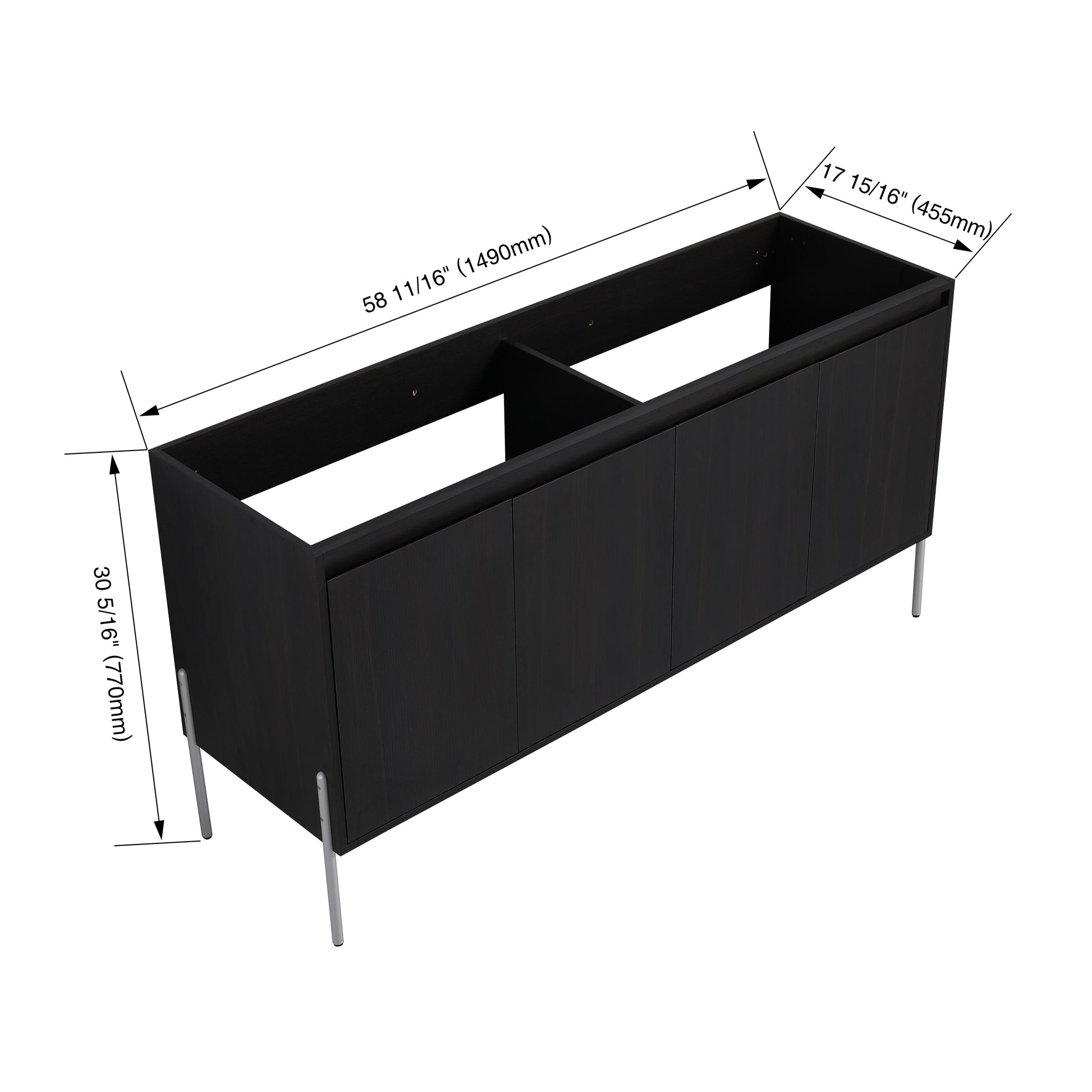 Modern black wood vanity cabinet with three doors and silver legs