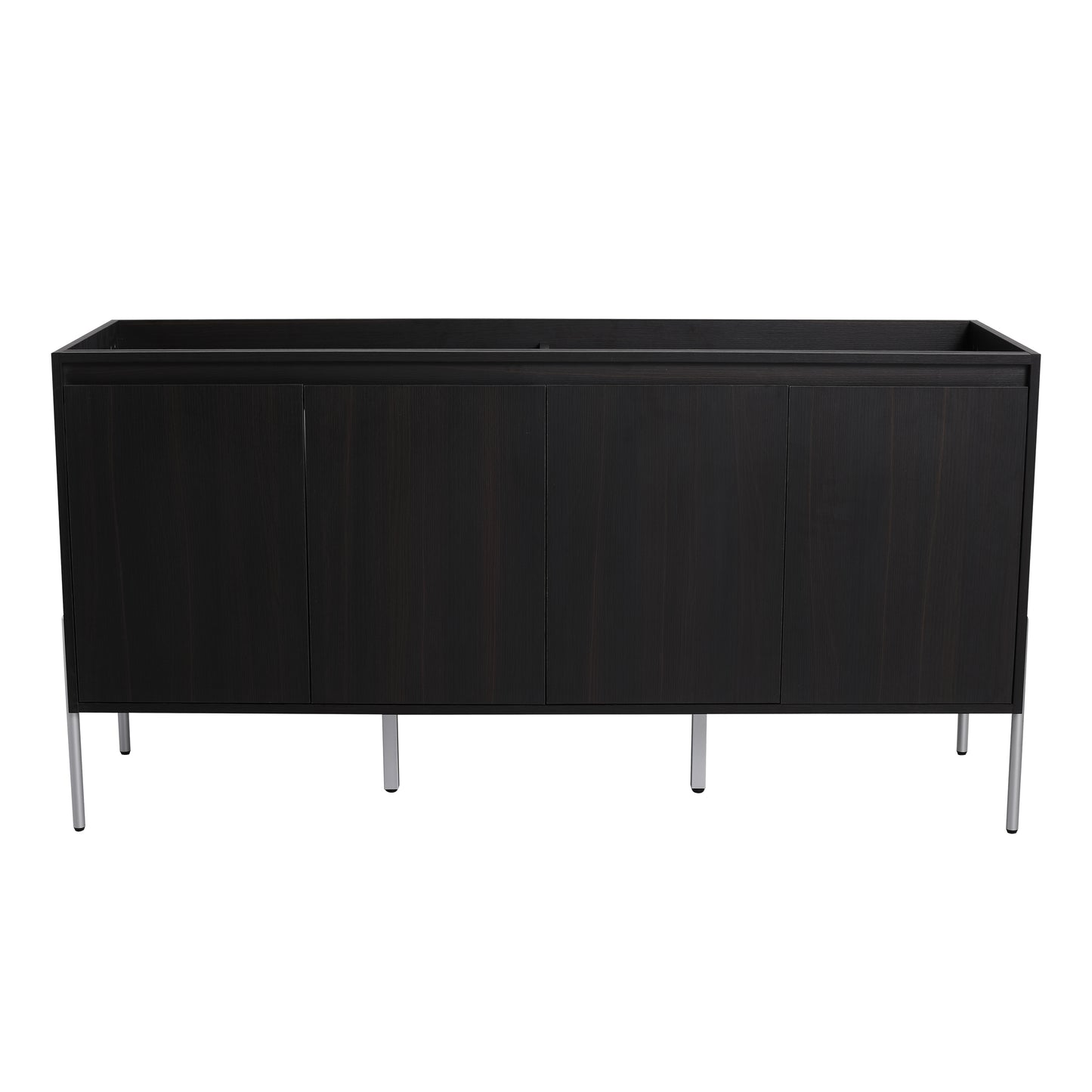 Dark wood credenza with four doors and silver legs