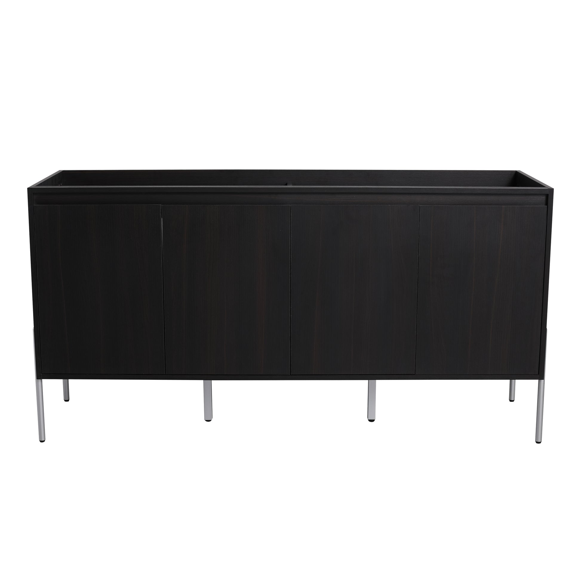 Dark wood credenza with four doors and silver legs