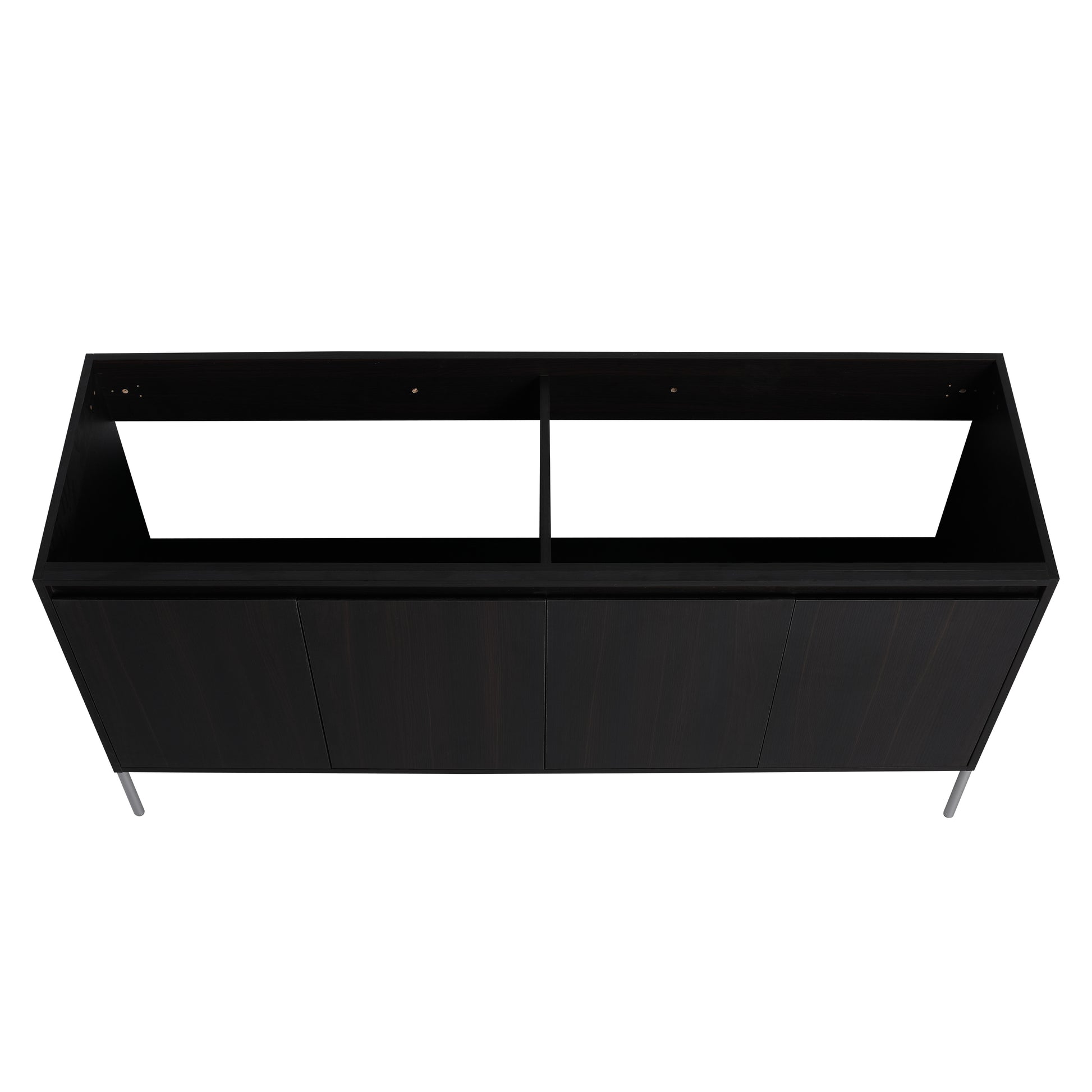 Dark wood veneer vanity cabinet with four doors and brushed metal legs