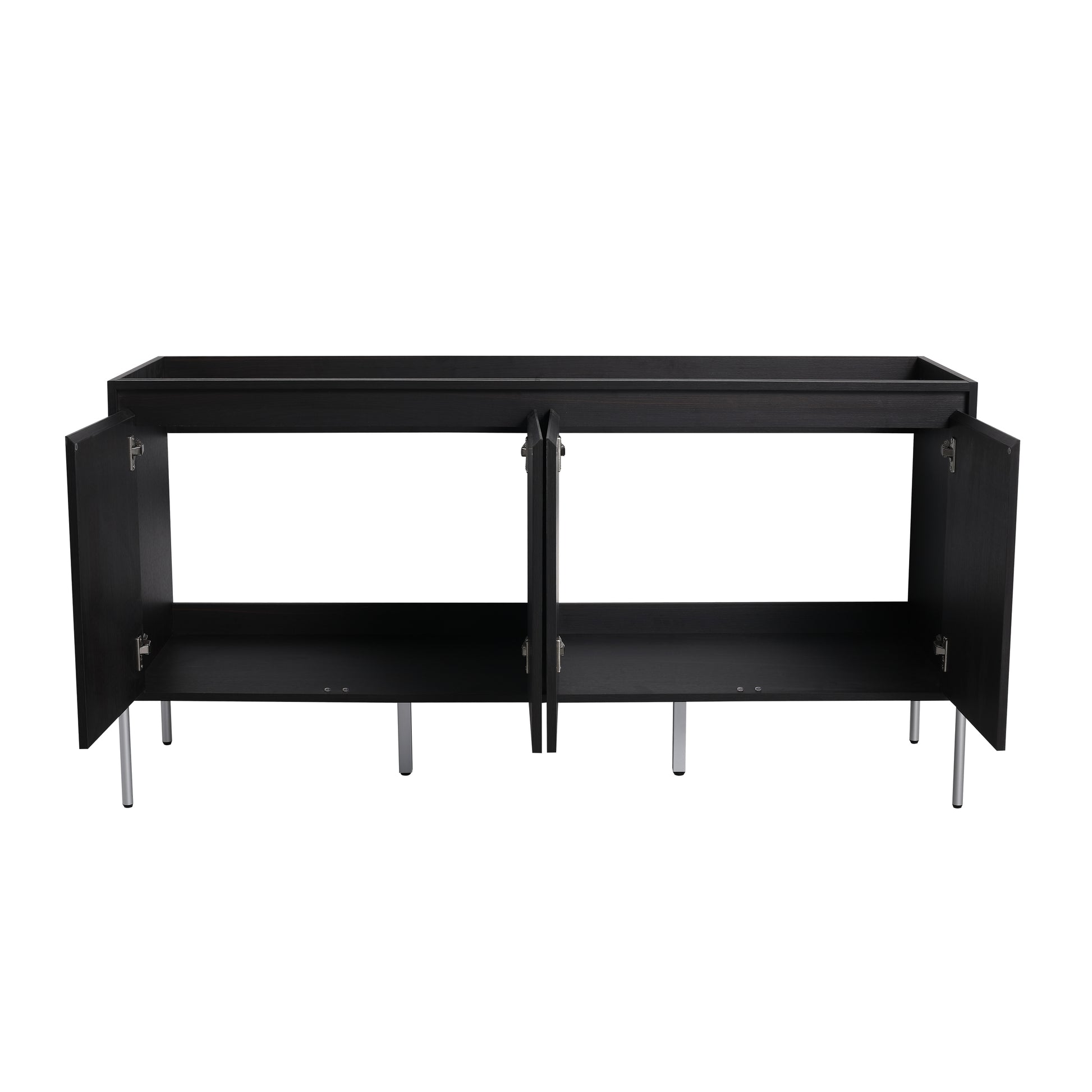 Black modern cabinet with open doors and brushed metal legs