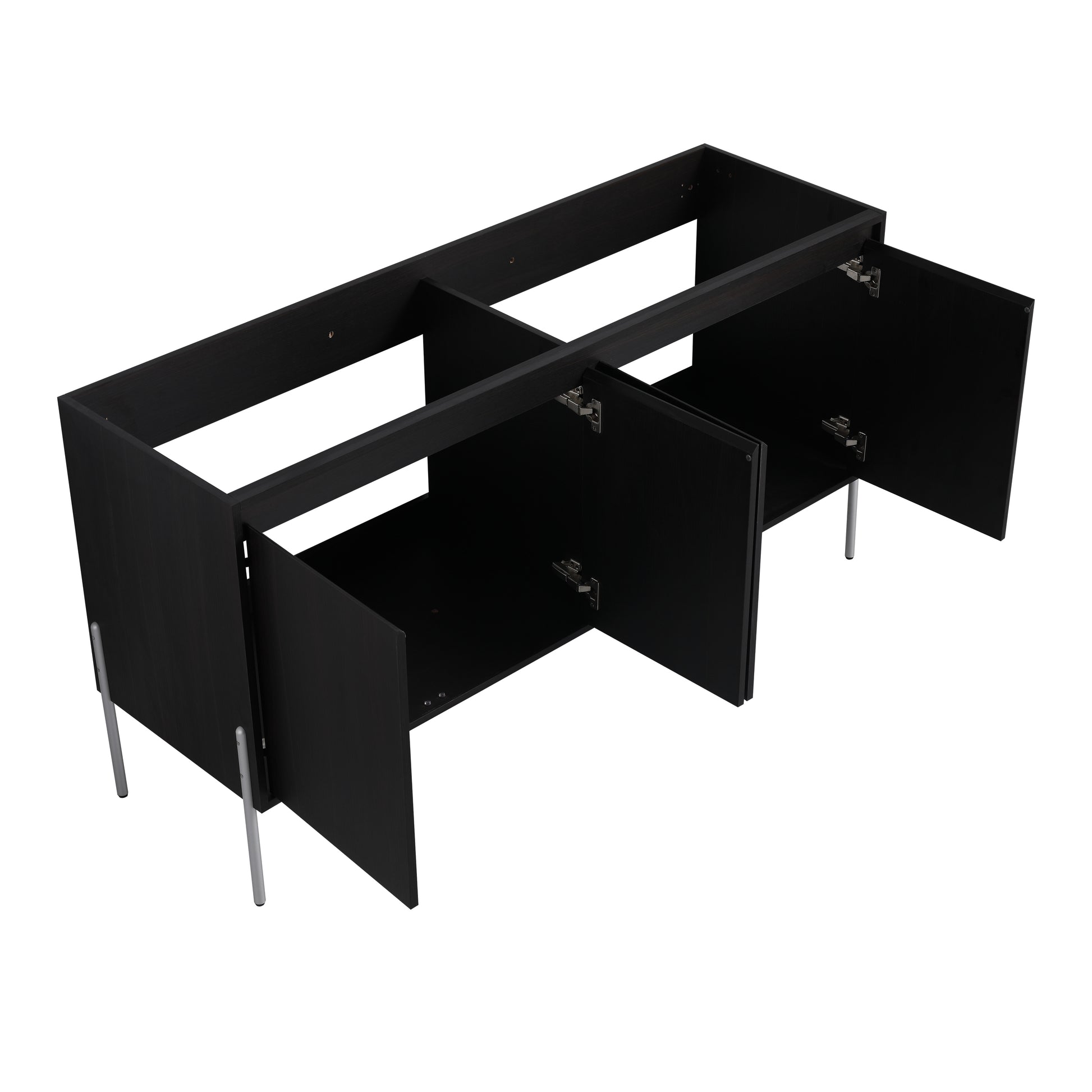 Black modern TV stand frame with open doors and silver legs