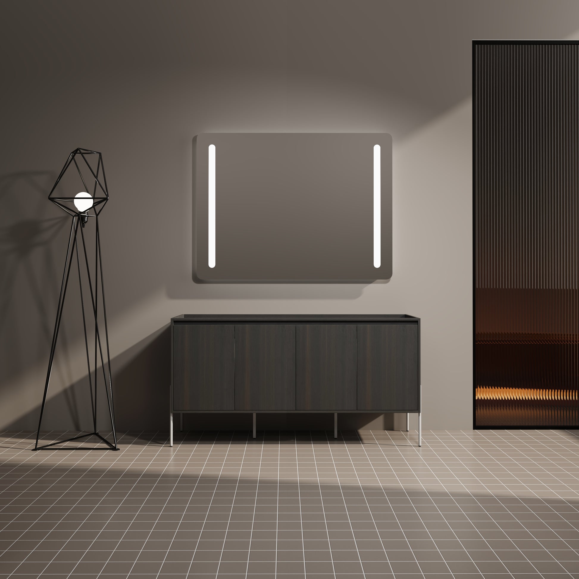 Dark wood vanity with integrated LED mirror