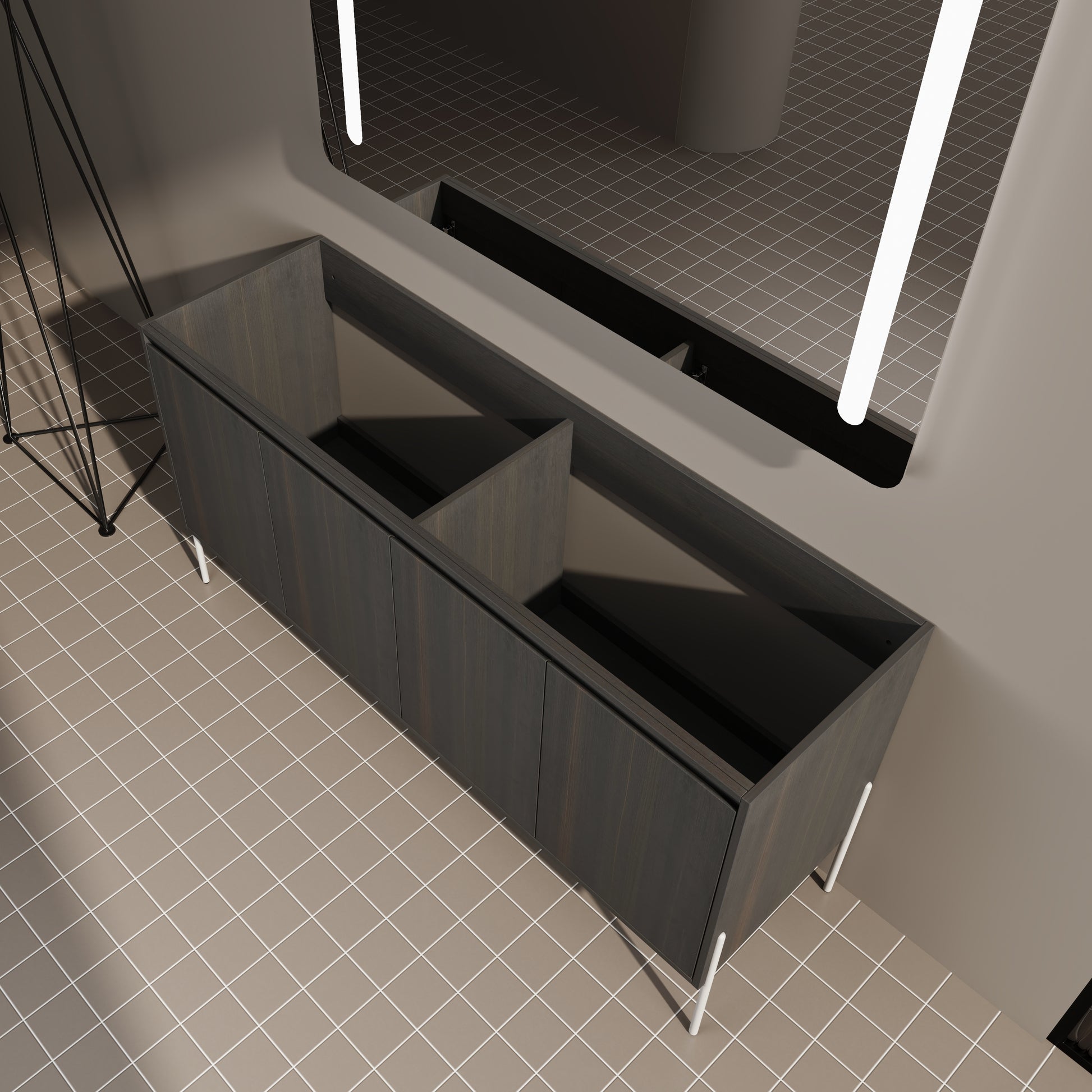 Dark oak wood bathroom vanity with two open shelves and white legs