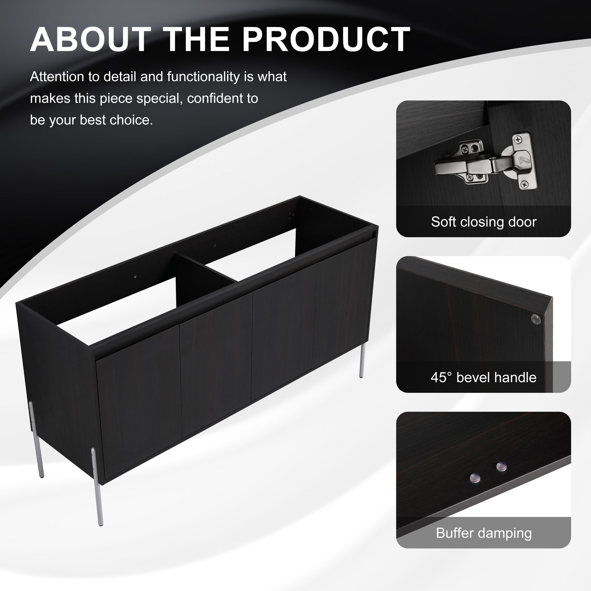Black wooden vanity base cabinet with silver legs and three doors