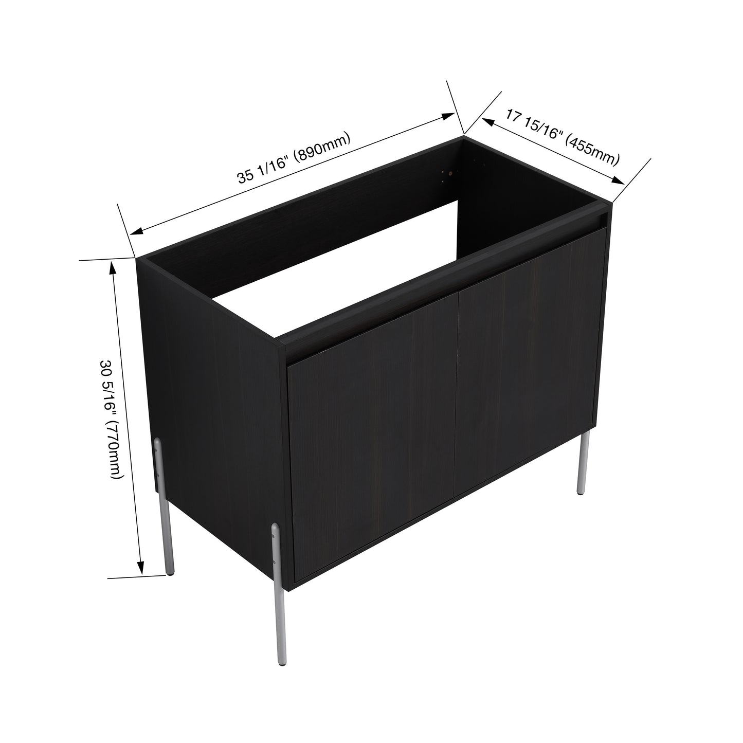 Black modern bathroom vanity with sleek lines and silver legs