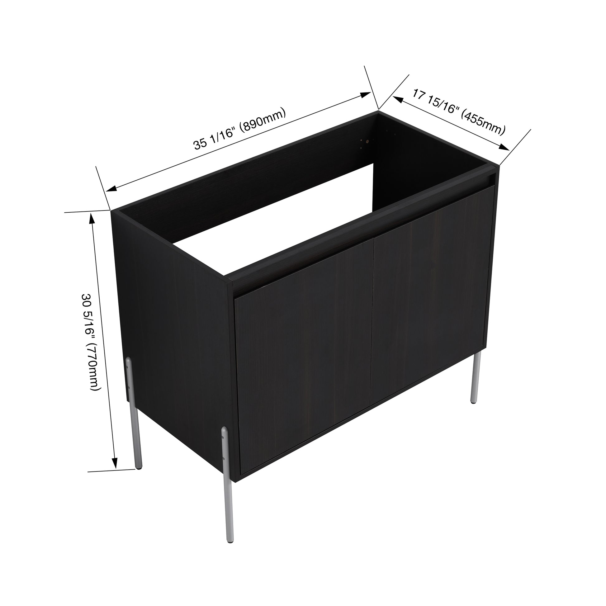 Black modern bathroom vanity with sleek lines and silver legs