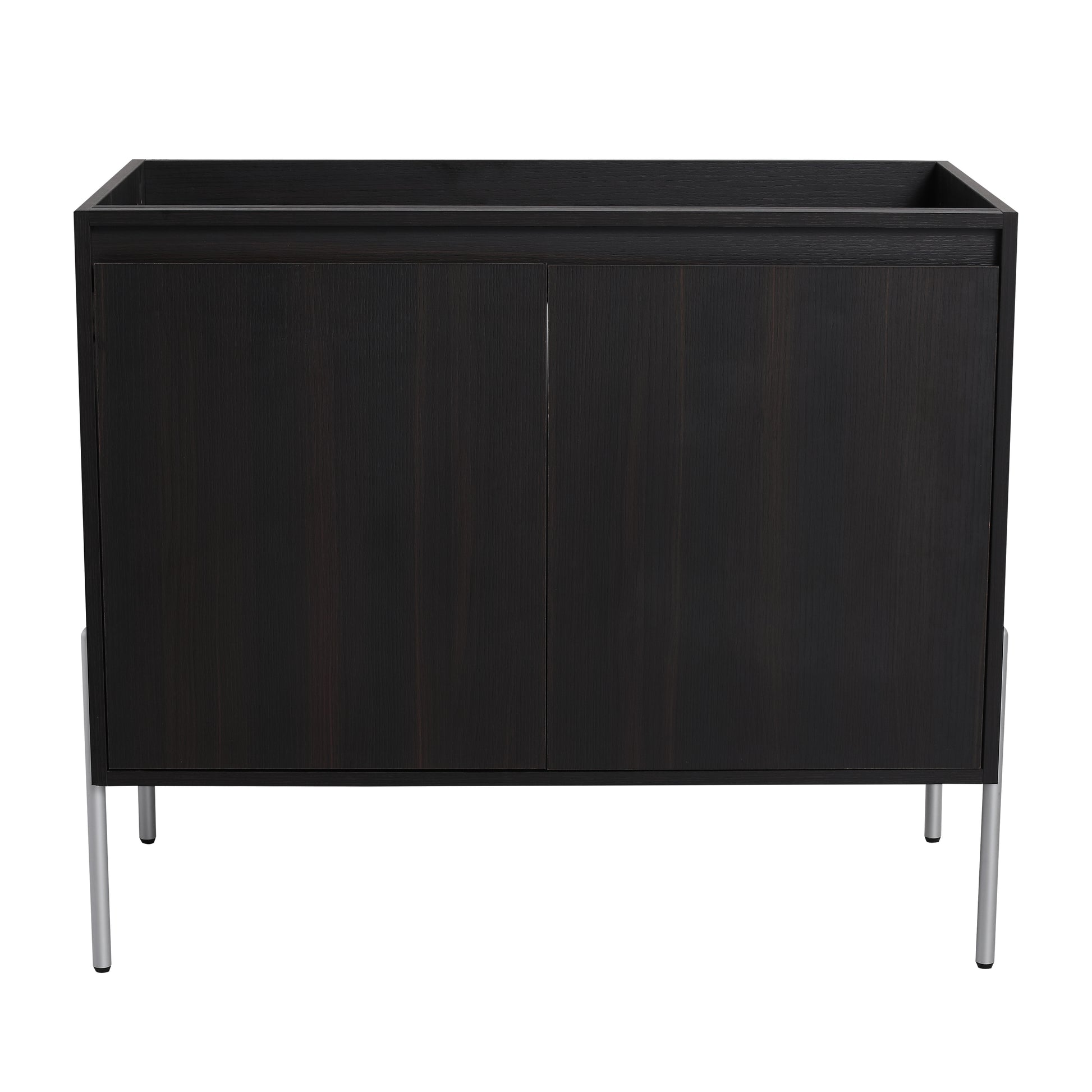 Dark wood vanity cabinet with two doors and silver legs
