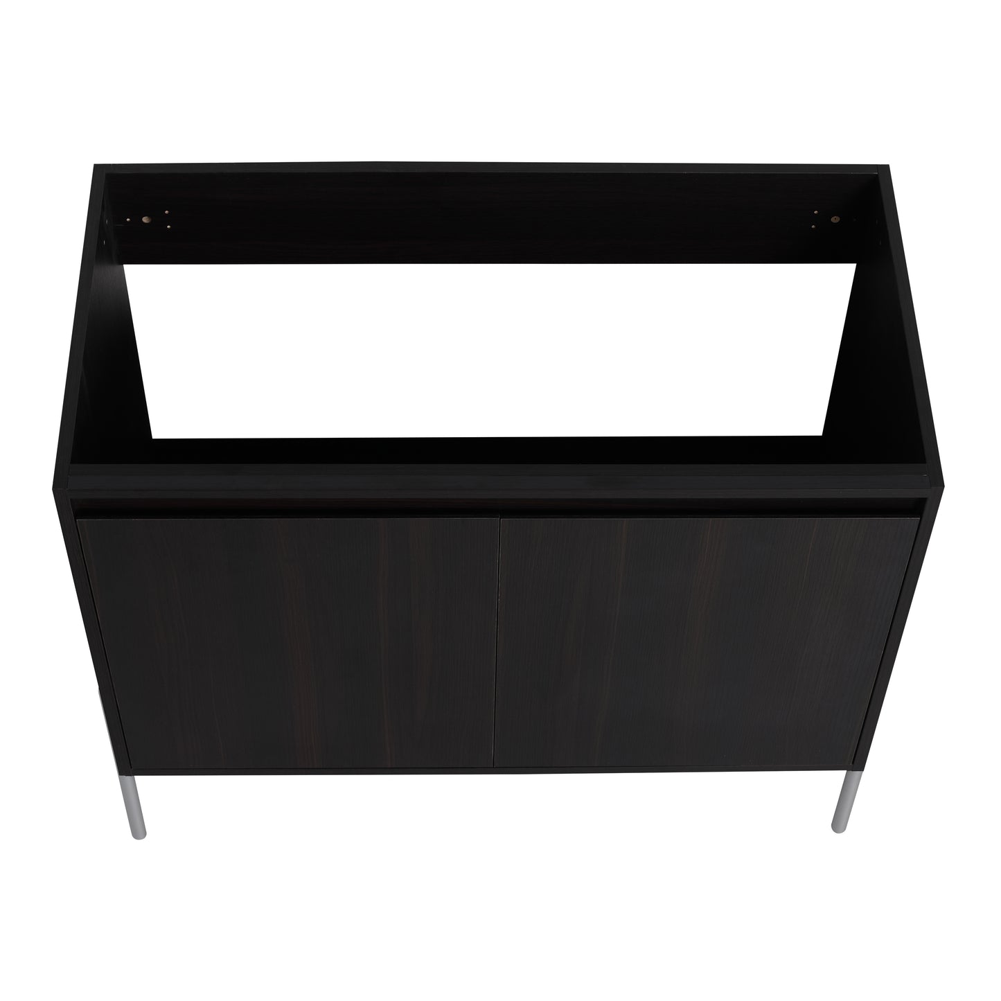 Dark wood vanity base cabinet with two doors and silver legs