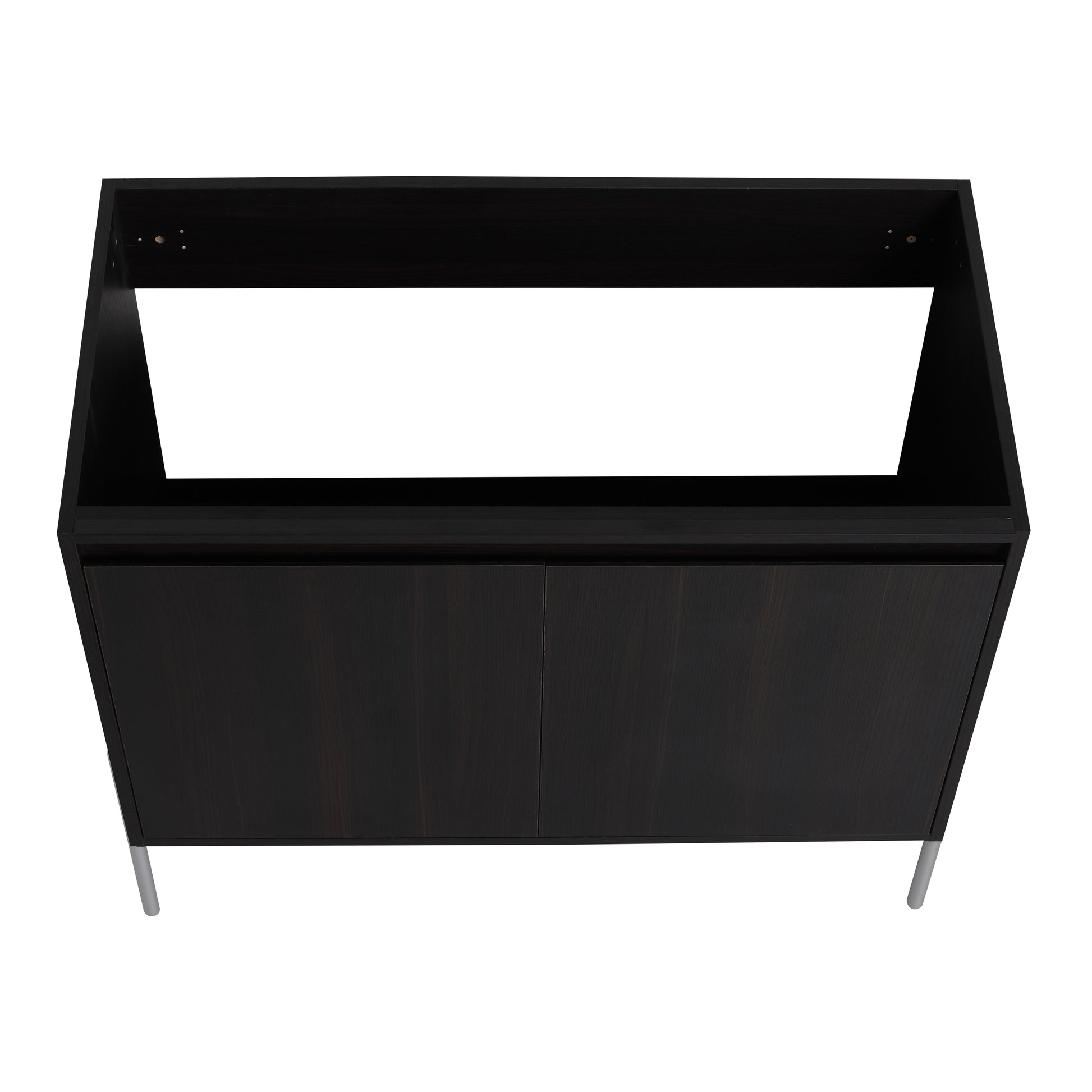 Dark wood vanity base cabinet with two doors and silver legs