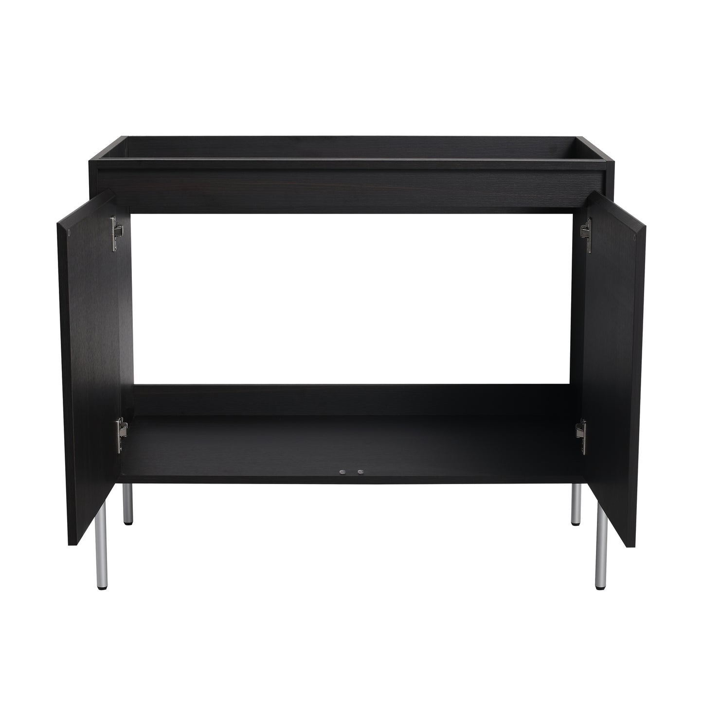 Dark oak vanity base with silver legs and open cabinet doors