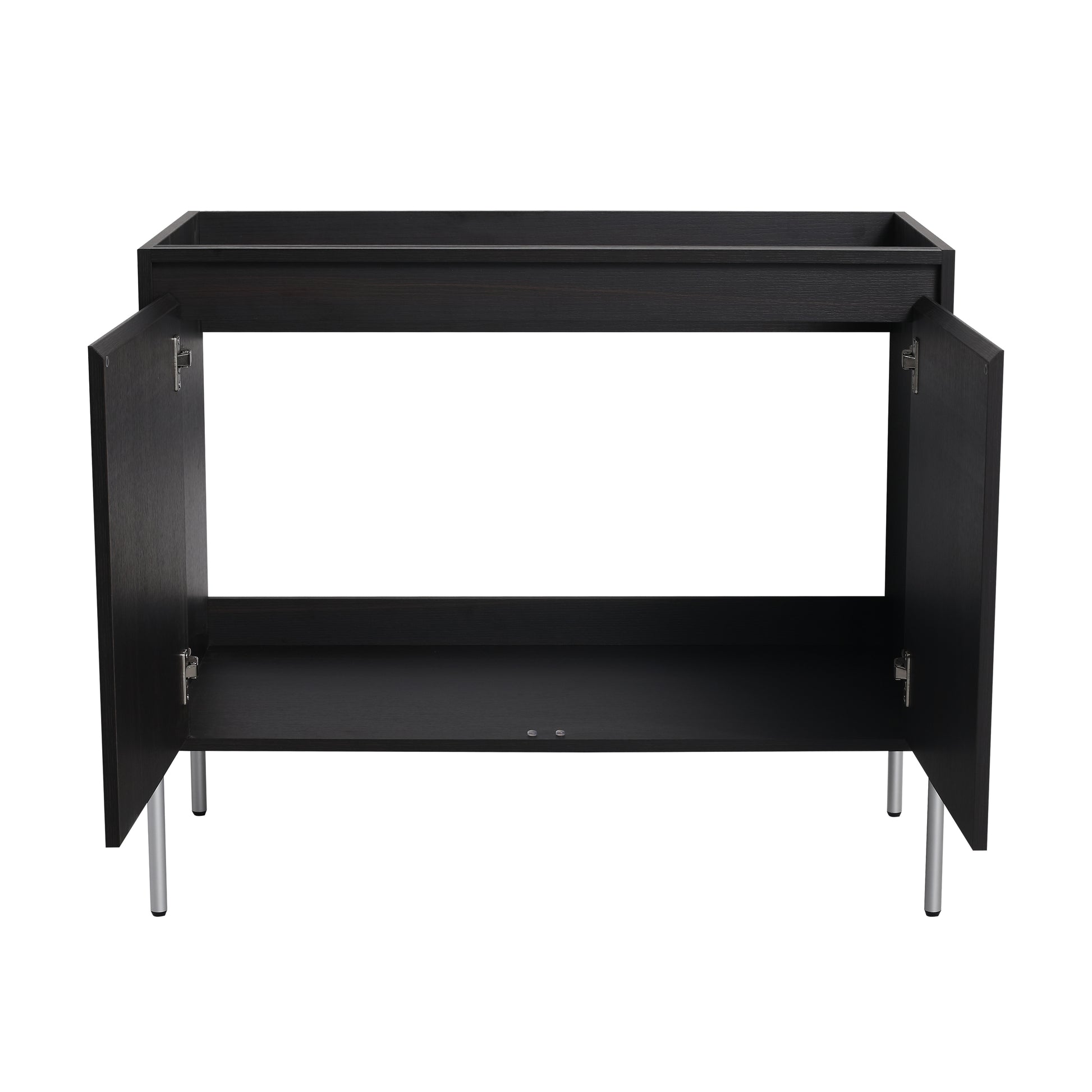Dark oak vanity base with silver legs and open cabinet doors