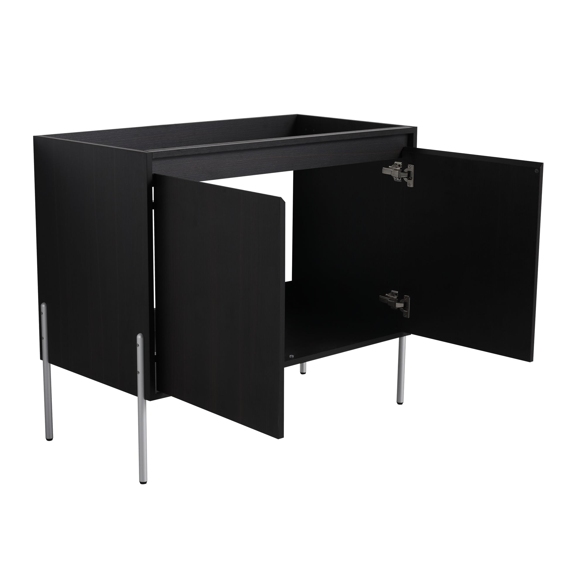 Black wood grain bathroom cabinet base with open doors and silver legs